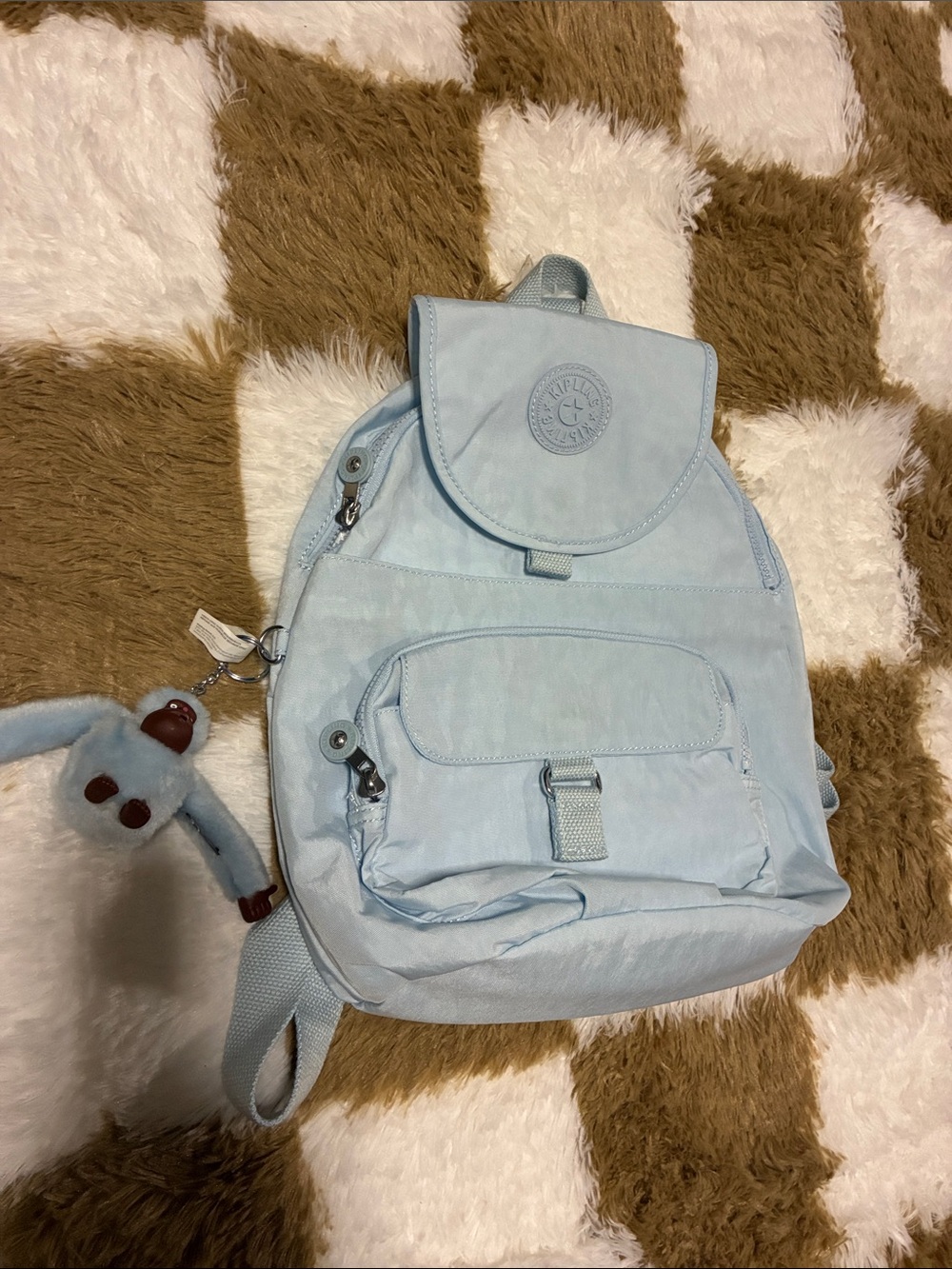 Kipling Pale Blue Mini Backpack with Keychain Monkey